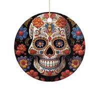 Ceramic Christmas Ornaments for Tree Decorations - Farmhouse Christmas Decor, Sugar Skulls Themed Hanging Pendant Round Ornament for Xmas Tree Gifts (2.9 Inch)