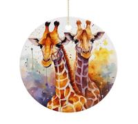 Ceramic Christmas Ornaments for Tree Decorations - Farmhouse Christmas Decor, Watercolor Giraffes Themed Hanging Pendant Round Ornament for Xmas Tree Gifts (2.9 Inch)