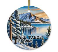Ceramic Christmas Ornaments, Lake Tahoe Winter Mountain Scene Christmas Hanging Decoration Tree Decorations With Lanyard 7.3Cm