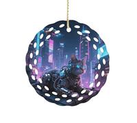 Ceramic Christmas Ornaments Mechanical Cat Round Double Sided Porcelain Hanging Decor for Xmas Tree, Holiday Home Decor and Gift Party Decorations (3 Inch)