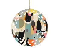 Ceramic Christmas Ornaments Mid-Century Modern Art Cat Round Double Sided Porcelain Hanging Decor for Xmas Tree, Holiday Home Decor and Gift Party Decorations (3 Inch)