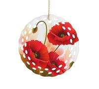 Ceramic Christmas Ornaments Poppy Flowers Vivid Petals Round Double Sided Porcelain Hanging Decor for Xmas Tree, Holiday Home Decor and Gift Party Decorations (3 Inch)