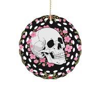 Ceramic Christmas Ornaments White Skull & Pink Cherry Blossoms Round Double Sided Porcelain Hanging Decor for Xmas Tree, Holiday Home Decor and Gift Party Decorations (3 Inch)