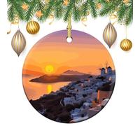 Ceramic Christmas Ornaments Xmas Hanging Ornament with Gold String, Porcelain Greece Island Sunset Christmas Tree Decorations for Fireplace Mantel Wreath Xmas Holiday Party Winter Decor Gift