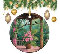 Ceramic Christmas Ornaments Xmas Hanging Ornament with Gold String, Porcelain Tropical Flowers Palm Leaves Christmas Tree Decorations for Fireplace Mantel Wreath Xmas Holiday Party Winter Decor Gift