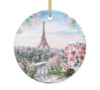 Ceramic Christmas Paris Eiffel Tower With Flowers Print Ornaments 2025,Classic Round Hanging Ornaments,Christmas Tree Hanging Decorations