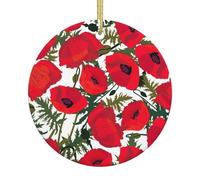 Ceramic Christmas Poppy Flower Pattern Print Ornaments 2025,Classic Round Hanging Ornaments,Christmas Tree Hanging Decorations