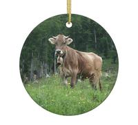 Ceramic Christmas Real Swiss Cow Brown Print Ornaments 2025,Classic Round Hanging Ornaments,Christmas Tree Hanging Decorations