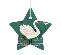 Ceramic Christmas Star Ornament 2.7 Inch, Double-Sided Printed, Durable & Fade-Resistant Xmas Decoration Ancient Flower Swan Ornaments for Tree, Gift & Holiday Home Decor