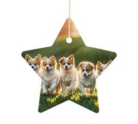 Ceramic Christmas Star Ornament 2.7 Inch, Double-Sided Printed, Durable & Fade-Resistant Xmas Decoration Happy Little Dog Ornaments for Tree, Gift & Holiday Home Decor