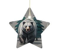 Ceramic Christmas Star Ornament 2.7 Inch, Double-Sided Printed, Durable & Fade-Resistant Xmas Decoration Grey Bear Pine Tree Silhouette Pattern Ornaments for Tree, Gift & Holiday Home Decor
