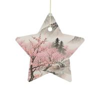 Ceramic Christmas Star Ornament 2.7 Inch, Double-Sided Printed, Durable & Fade-Resistant Xmas Decoration Plum Blossom Landscape Ornaments for Tree, Gift & Holiday Home Decor