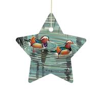 Ceramic Christmas Star Ornament 2.7 Inch, Double-Sided Printed, Durable & Fade-Resistant Xmas Decoration Chinese Style Mandarin Ducks Ornaments for Tree, Gift & Holiday Home Decor