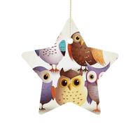 Ceramic Christmas Star Ornament 2.7 Inch, Double-Sided Printed, Durable & Fade-Resistant Xmas Decoration Owls Birds Ornaments for Tree, Gift & Holiday Home Decor