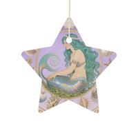 Ceramic Christmas Star Ornament 2.7 Inch, Double-Sided Printed, Durable & Fade-Resistant Xmas Decoration Mermaid in Shell Mandala Ornaments for Tree, Gift & Holiday Home Decor