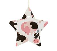 Ceramic Christmas Star Ornament - Cow Pattern Printed Porcelain Hanging Pendant for Xmas Tree Decor, Farmhouse Holiday Keepsake Gift for Home Office Decoration