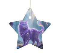 Ceramic Christmas Star Ornament - Fantasy Cat Printed Porcelain Hanging Pendant for Xmas Tree Decor, Farmhouse Holiday Keepsake Gift for Home Office Decoration