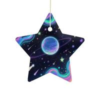 Ceramic Christmas Star Ornament - Starry Cosmos Printed Porcelain Hanging Pendant for Xmas Tree Decor, Farmhouse Holiday Keepsake Gift for Home Office Decoration