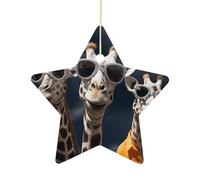 Ceramic Christmas Star Ornament - Three Giraffes Wearing Sunglasses Printed Porcelain Hanging Pendant for Xmas Tree Decor, Farmhouse Holiday Keepsake Gift for Home Office Decoration