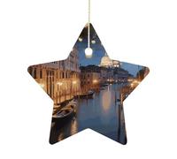 Ceramic Christmas Star Ornaments - Beautiful Venice at Night Xmas Tree Hanging Decor, Double Sided Pattern Festive Xmas Pendant,Holiday Home Party Decoration Gifts