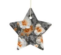 Ceramic Christmas Star Ornaments - Blooming Hibiscus Flowers Xmas Tree Hanging Decor, Double Sided Pattern Festive Xmas Pendant,Holiday Home Party Decoration Gifts