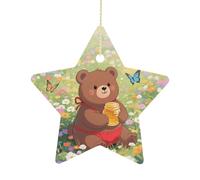 Ceramic Christmas Star Ornaments - Brown Bear Xmas Tree Hanging Decor, Double Sided Pattern Festive Xmas Pendant,Holiday Home Party Decoration Gifts