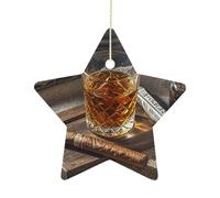 Ceramic Christmas Star Ornaments - Cigar & Whiskey Xmas Tree Hanging Decor, Double Sided Pattern Festive Xmas Pendant,Holiday Home Party Decoration Gifts