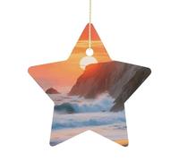 Ceramic Christmas Star Ornaments - Coastal Cliff Sunrise Xmas Tree Hanging Decor, Double Sided Pattern Festive Xmas Pendant,Holiday Home Party Decoration Gifts