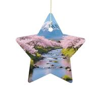 Ceramic Christmas Star Ornaments - Cr herry Blossoms Xmas Tree Hanging Decor, Double Sided Pattern Festive Xmas Pendant,Holiday Home Party Decoration Gifts