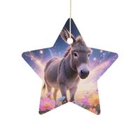 Ceramic Christmas Star Ornaments - Donkey in Magic Blooms Xmas Tree Hanging Decor, Double Sided Pattern Festive Xmas Pendant,Holiday Home Party Decoration Gifts