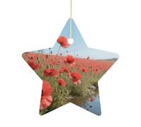 Ceramic Christmas Star Ornaments - Poppy Flower Xmas Tree Hanging Decor, Double Sided Pattern Festive Xmas Pendant,Holiday Home Party Decoration Gifts