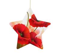 Ceramic Christmas Star Ornaments - Poppy Flowers Vivid Petals Xmas Tree Hanging Decor, Double Sided Pattern Festive Xmas Pendant,Holiday Home Party Decoration Gifts