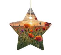 Ceramic Christmas Star Ornaments - Red Poppy Flower Field in Sunset Xmas Tree Hanging Decor, Double Sided Pattern Festive Xmas Pendant,Holiday Home Party Decoration Gifts