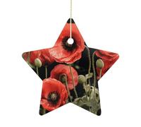 Ceramic Christmas Star Ornaments - Red Poppy Flowers Leaves Xmas Tree Hanging Decor, Double Sided Pattern Festive Xmas Pendant,Holiday Home Party Decoration Gifts