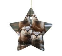 Ceramic Christmas Star Ornaments - Three Brown Otters Xmas Tree Hanging Decor, Double Sided Pattern Festive Xmas Pendant,Holiday Home Party Decoration Gifts
