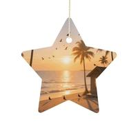 Ceramic Christmas Star Ornaments - Tropical Beach Xmas Tree Hanging Decor, Double Sided Pattern Festive Xmas Pendant,Holiday Home Party Decoration Gifts