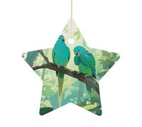 Ceramic Christmas Star Ornaments - Two Parakeets Xmas Tree Hanging Decor, Double Sided Pattern Festive Xmas Pendant,Holiday Home Party Decoration Gifts