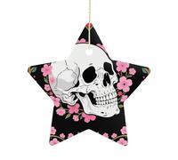 Ceramic Christmas Star Ornaments - White Skull & Pink Cherry Blossoms Xmas Tree Hanging Decor, Double Sided Pattern Festive Xmas Pendant,Holiday Home Party Decoration Gifts