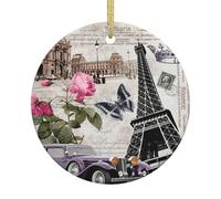 Ceramic Christmas Tower And Car Print Ornaments 2025,Classic Round Hanging Ornaments,Christmas Tree Hanging Decorations