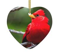 Ceramic Christmas Tree Hanging Ornament – beautiful red Birds Printed Xmas Decoration, Heart-Shaped Porcelain Keepsake