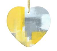 Ceramic Christmas Tree Hanging Ornament – Grey And Yellow Abstract Art Painting Printed Xmas Decoration, Heart-Shaped Porcelain Keepsake