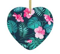 Ceramic Christmas Tree Hanging Ornament â€“ Hawaii Pink Flower Printed Xmas Decoration, Heart-Shaped Porcelain Keepsake