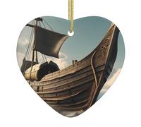 Ceramic Christmas Tree Hanging Ornament – Old Viking Boat Printed Xmas Decoration, Heart-Shaped Porcelain Keepsake