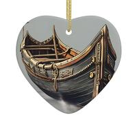 Ceramic Christmas Tree Hanging Ornament – Old Viking Boats Printed Xmas Decoration, Heart-Shaped Porcelain Keepsake