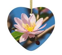Ceramic Christmas Tree Hanging Ornament â€“ pink almond blossom Printed Xmas Decoration, Heart-Shaped Porcelain Keepsake