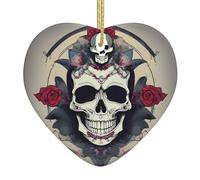 Ceramic Christmas Tree Hanging Ornament – Skull Yoga Printed Xmas Decoration, Heart-Shaped Porcelain Keepsake