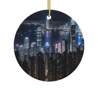 Ceramic Christmas Tree Hanging Ornament - Aerial Night of View Hong Kong Full Print, Round Festive Decor for Home, Office, and Party