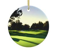 Ceramic Christmas Tree Hanging Ornament - Golf Course Full Print, Round Festive Decor for Home, Office, and Party