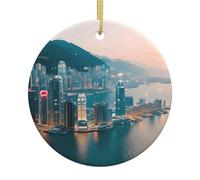 Ceramic Christmas Tree Hanging Ornament - Hong Kong Full Print, Round Festive Decor for Home, Office, and Party