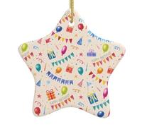 Ceramic Christmas Tree Hanging Ornaments – Star Shaped Double Sided Happy birthday to you Print, Indoor & Outdoor Holiday Decor